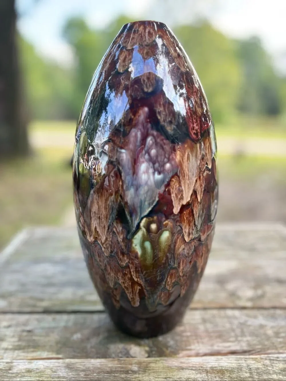 Studio Art Pottery Vase Drip Glaze Brown Green 13” Wabi Sabi Organic Modern